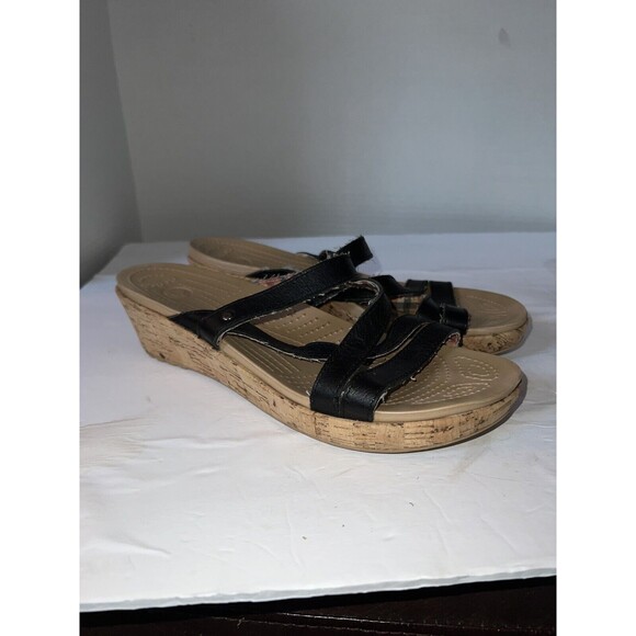 Crocs Sandals Womens size 10 Leigh Wedge Strappy Black Leather Cork open toe - Picture 8 of 9